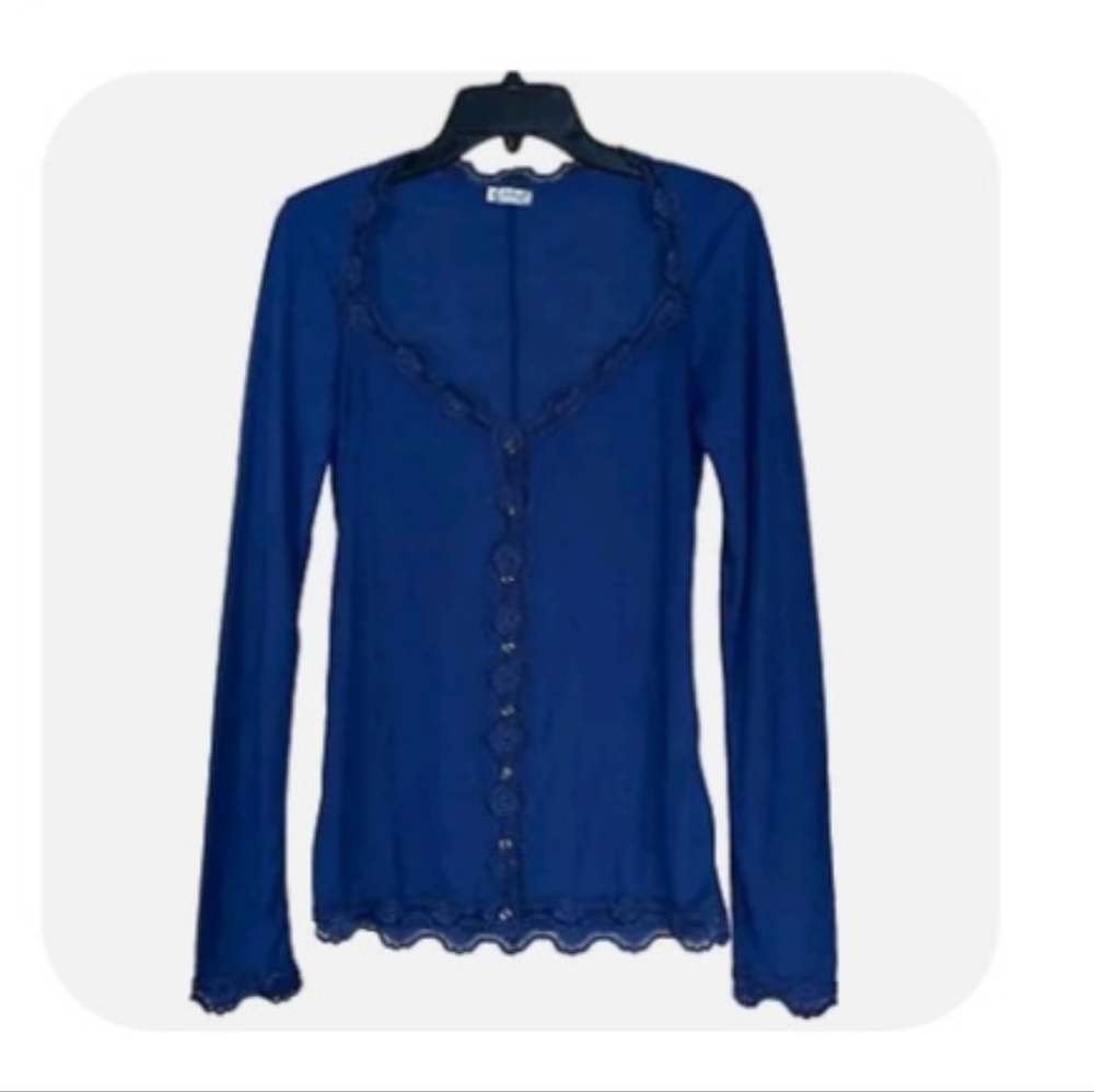 NWOT. Intimately Free People Blue Henley Button Up w/Lace Trim. Size Medium